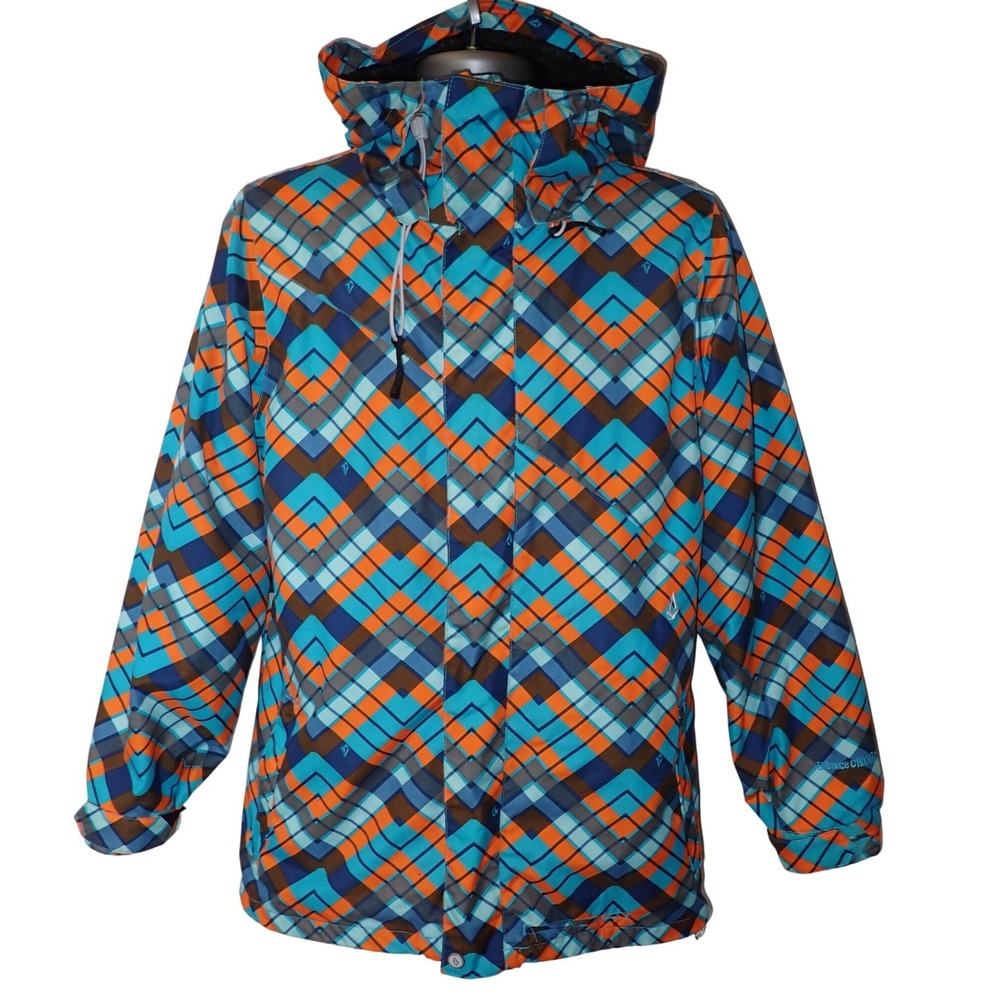 Volcom Men's Geometric Plaid Snowboard Jacket Blue Orange Hooded Large